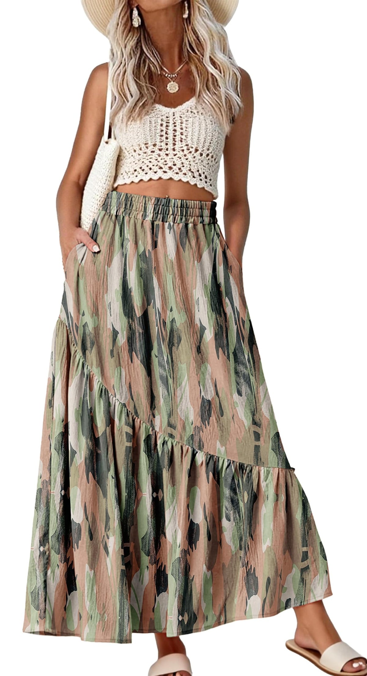 GRECERELLE Women's Maxi Skirt High Waist Tiered A-Line with Pockets