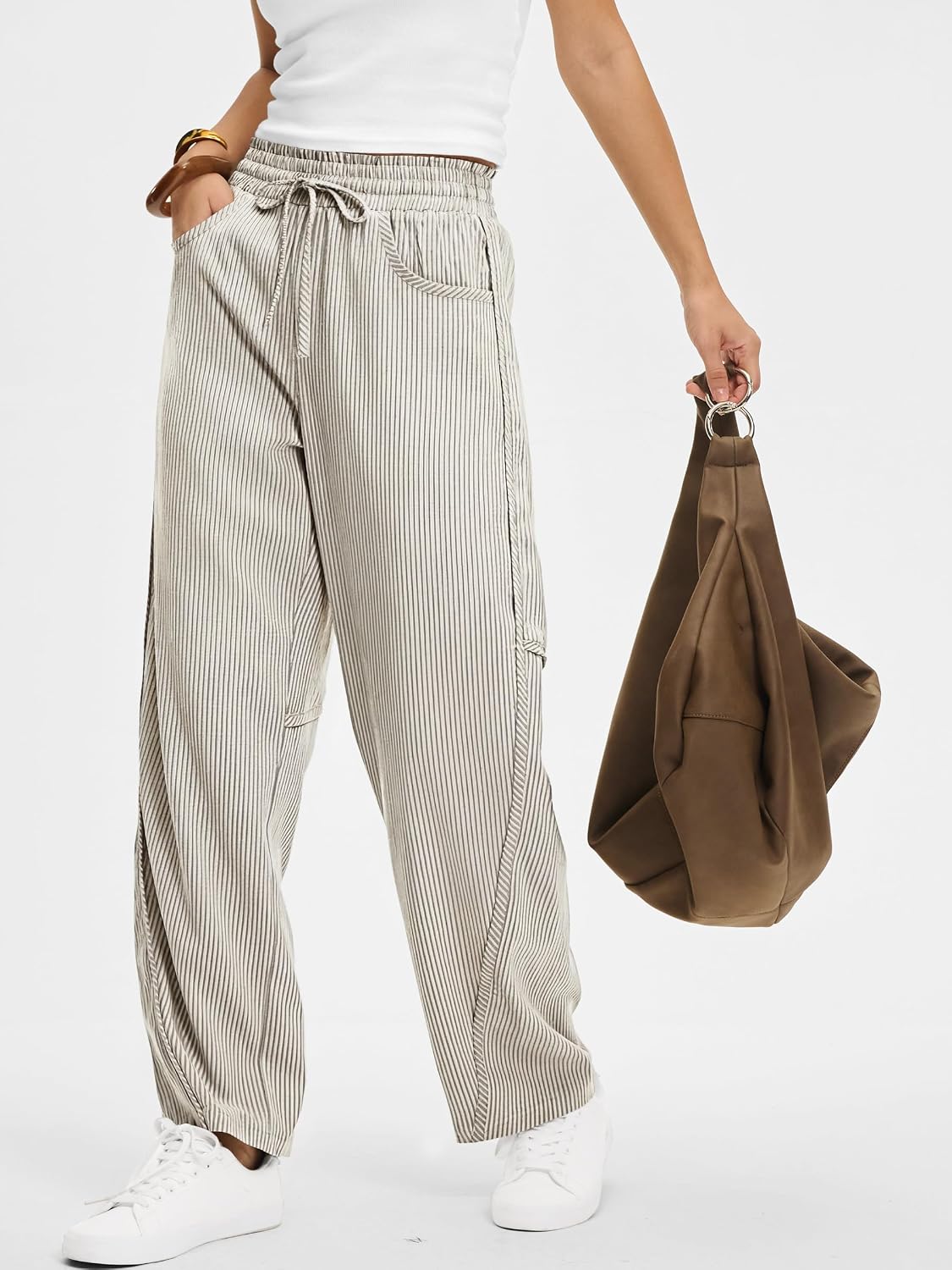 ANRABESS Womens Striped Barrel Casual Pants 2026 Trendy Summer Elastic Drawstring Baggy Lounge Wide Leg Trousers with Pockets