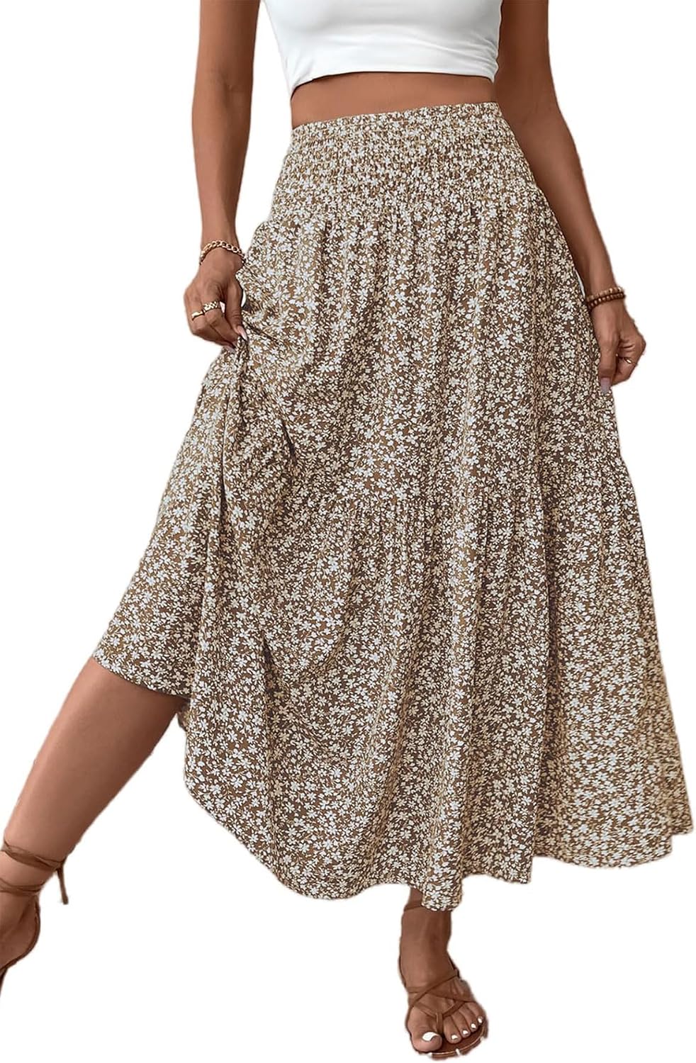 Women's Boho Maxi Skirt Floral Smocked High Waist Long Skirts with Pockets