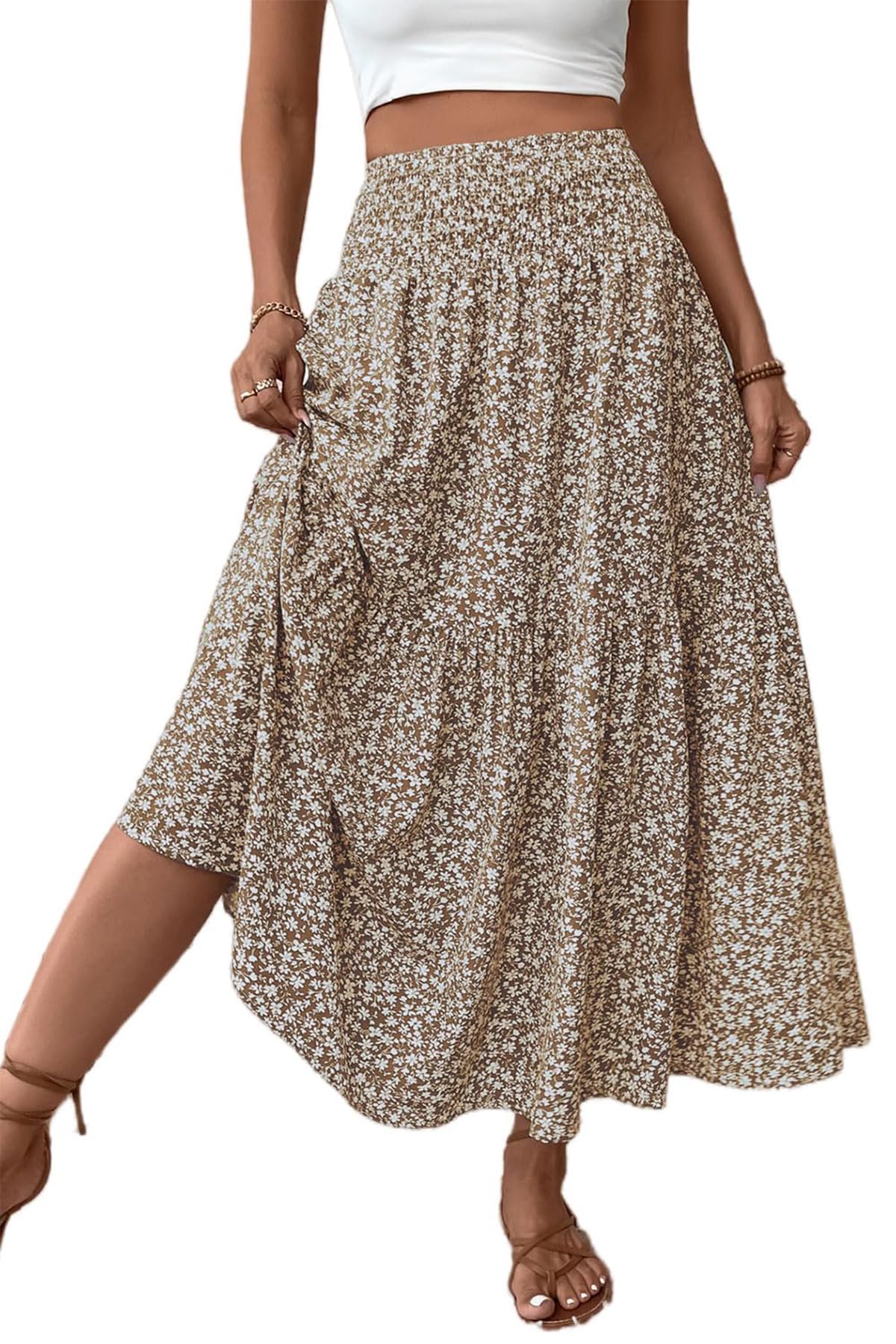 Women's Boho Maxi Skirt Floral Smocked High Waist Long Skirts with Pockets