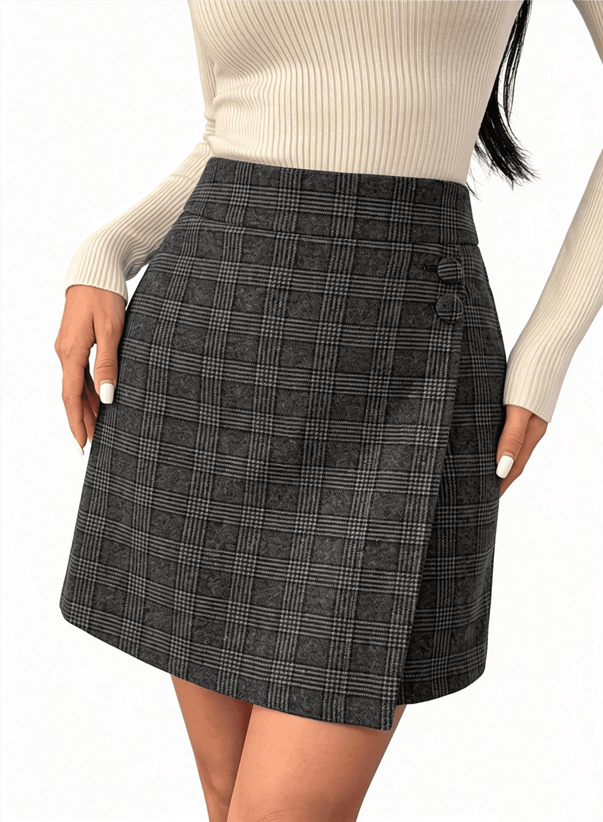 Pink Queen Plaid Skirts for Women with Pockets Button Decor Wrap Hem