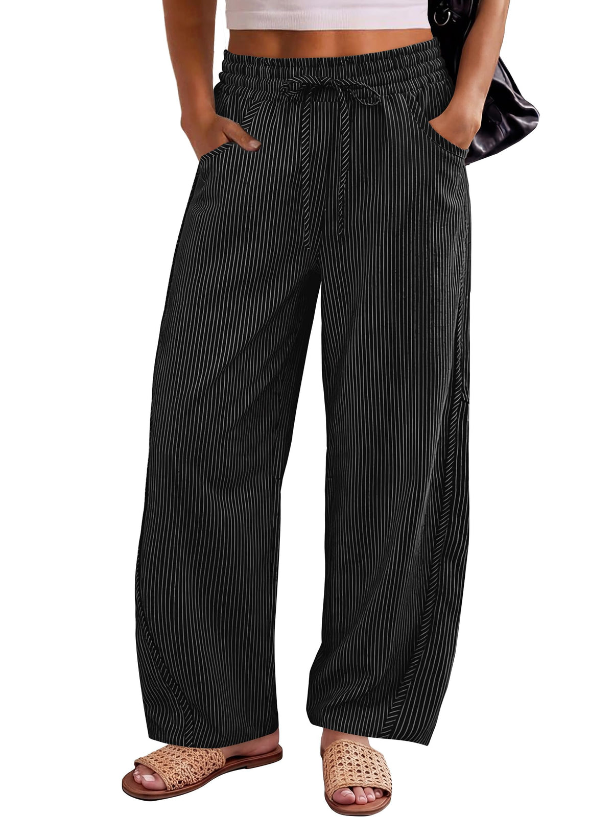 ANRABESS Womens Striped Barrel Casual Pants 2026 Trendy Summer Elastic Drawstring Baggy Lounge Wide Leg Trousers with Pockets