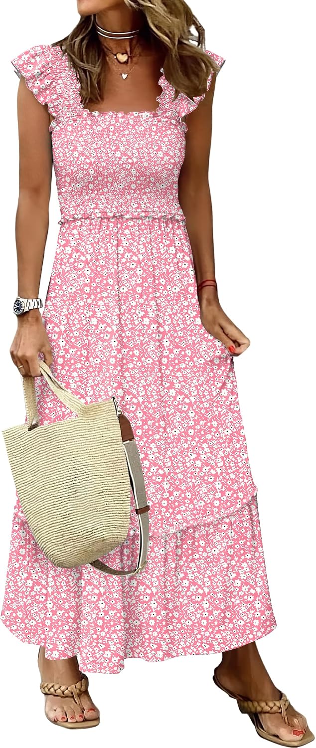 ANRABESS Womens Summer Sleeveless Maxi Dress Square Neck Smocked Boho Casual Ruffle Strap Flowy A-Line Long Beach Sundress