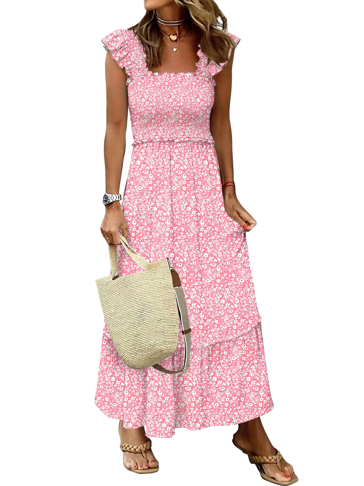 ANRABESS Womens Summer Sleeveless Maxi Dress Square Neck Smocked Boho Casual Ruffle Strap Flowy A-Line Long Beach Sundress