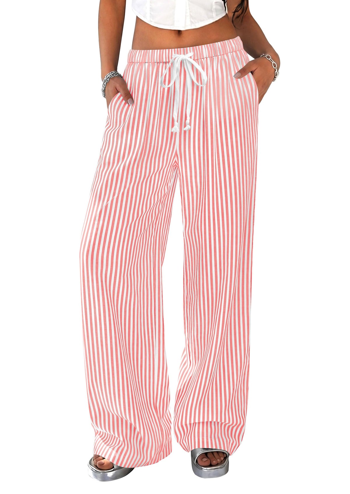 PRETTYGARDEN Striped Wide Leg Pants Women Loungewear with Pocket