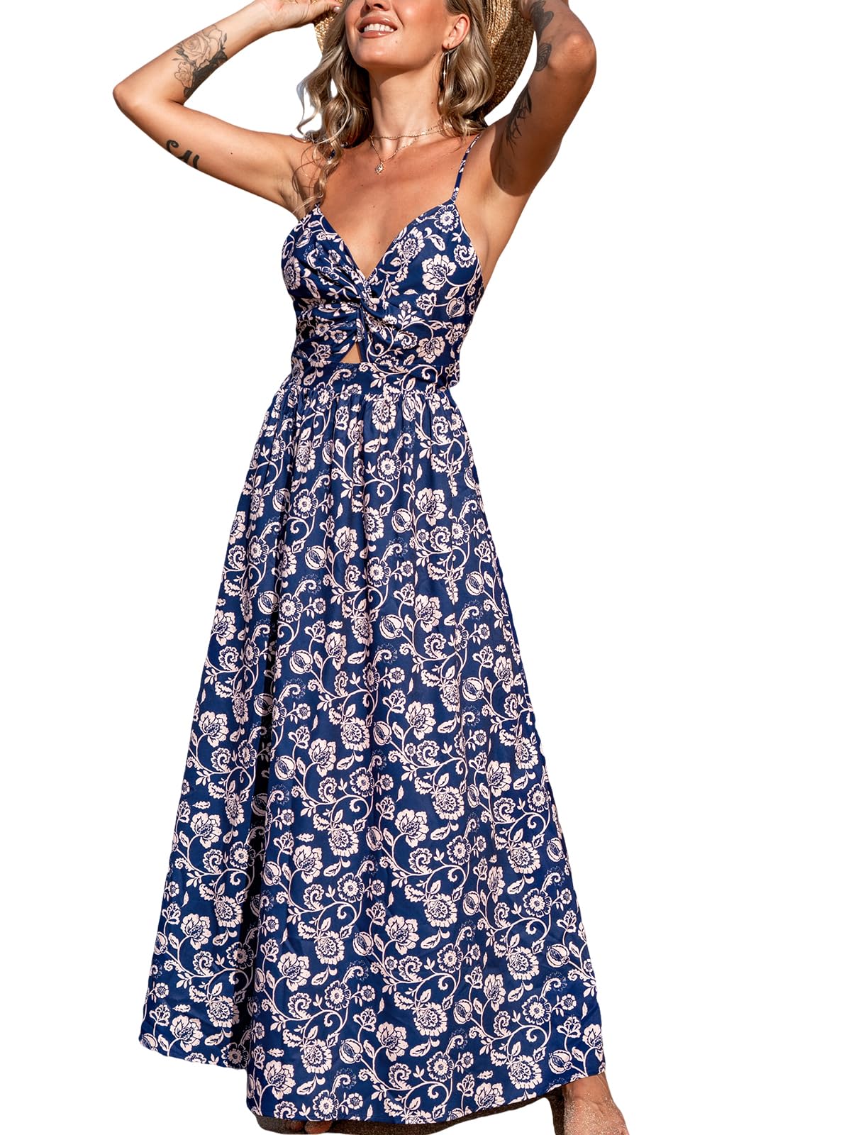 CUPSHE Women's Maxi Dress Floral Print Twisted V Neck Sleeveless Long Dress Summer Casual Dress