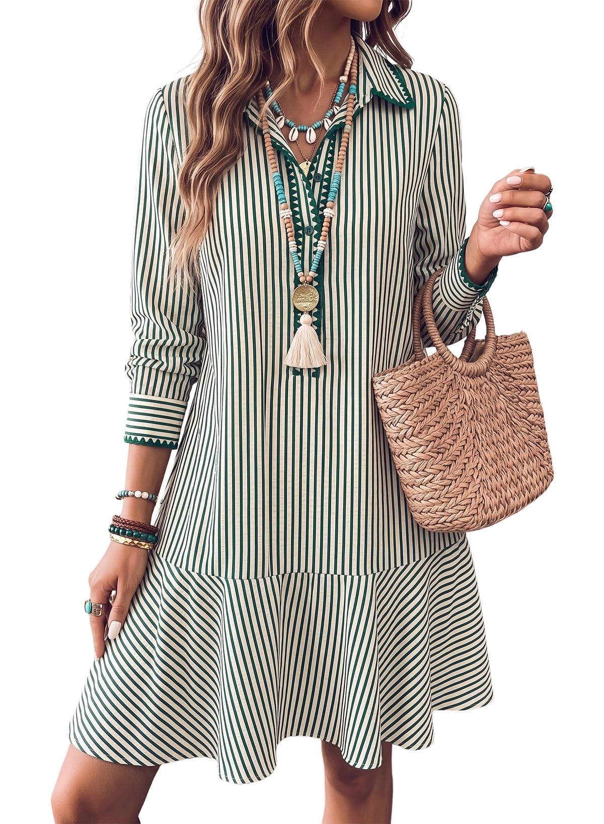 Dokotoo Womens Dresses Striped Button Embroidered Ruffle Hem Mini Dress