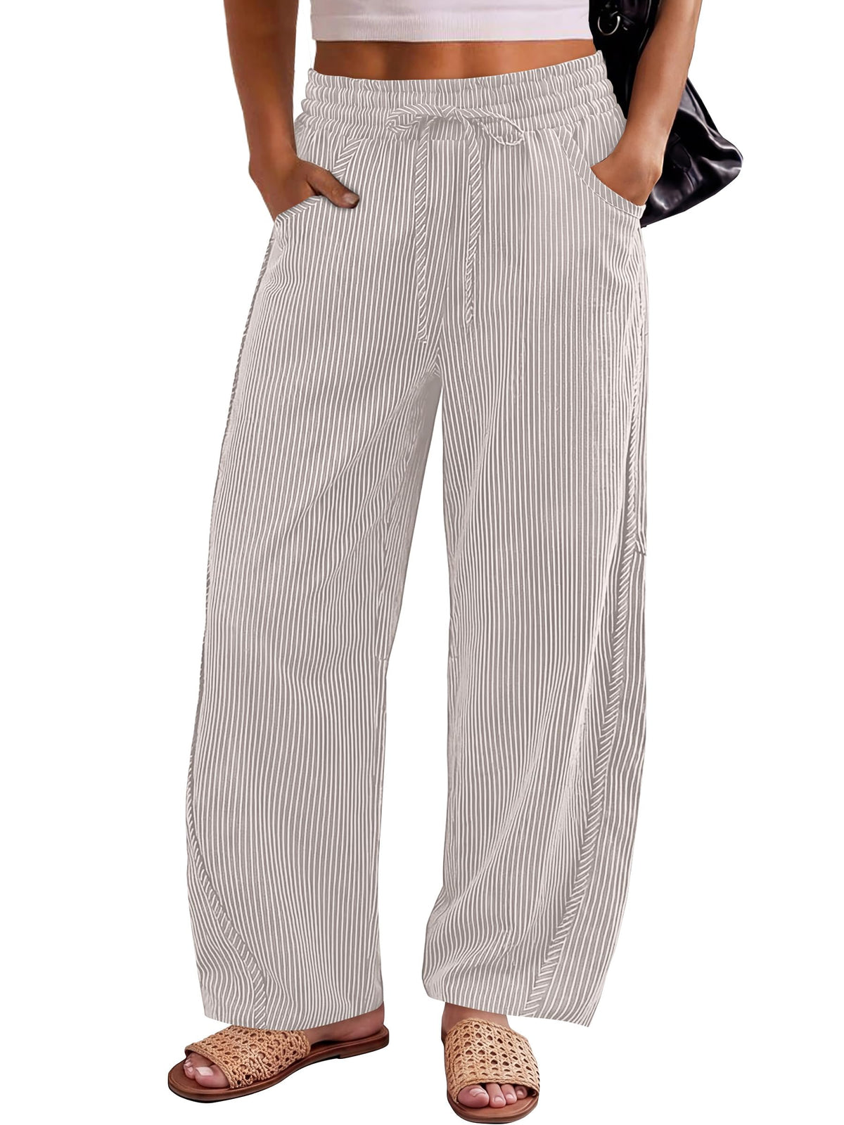 ANRABESS Womens Striped Barrel Casual Pants 2026 Trendy Summer Elastic Drawstring Baggy Lounge Wide Leg Trousers with Pockets