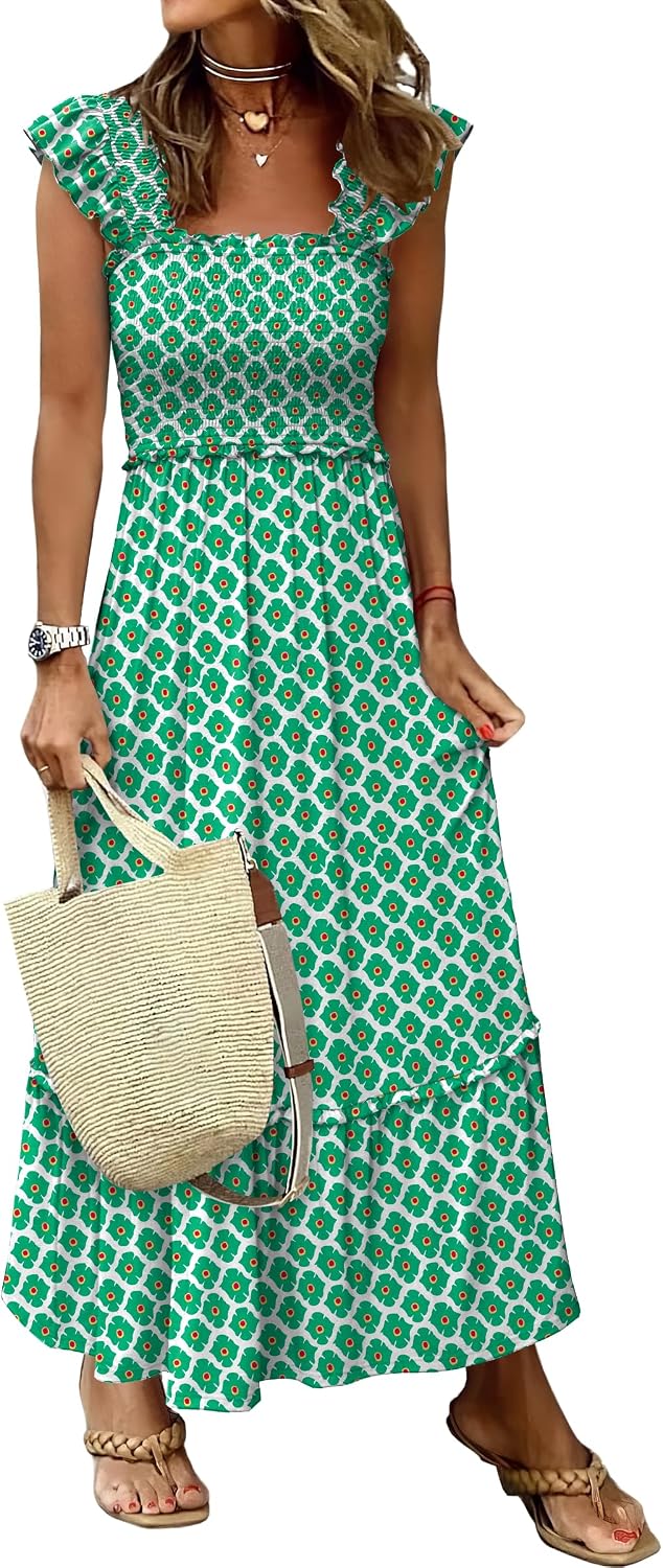 ANRABESS Womens Summer Sleeveless Maxi Dress Square Neck Smocked Boho Casual Ruffle Strap Flowy A-Line Long Beach Sundress