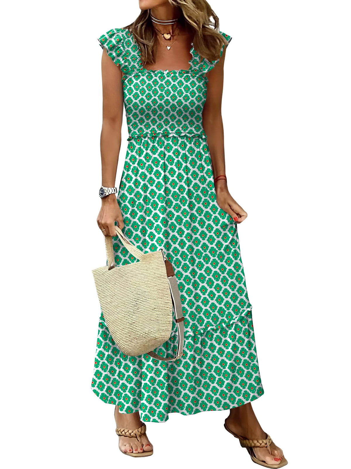 ANRABESS Womens Summer Sleeveless Maxi Dress Square Neck Smocked Boho Casual Ruffle Strap Flowy A-Line Long Beach Sundress
