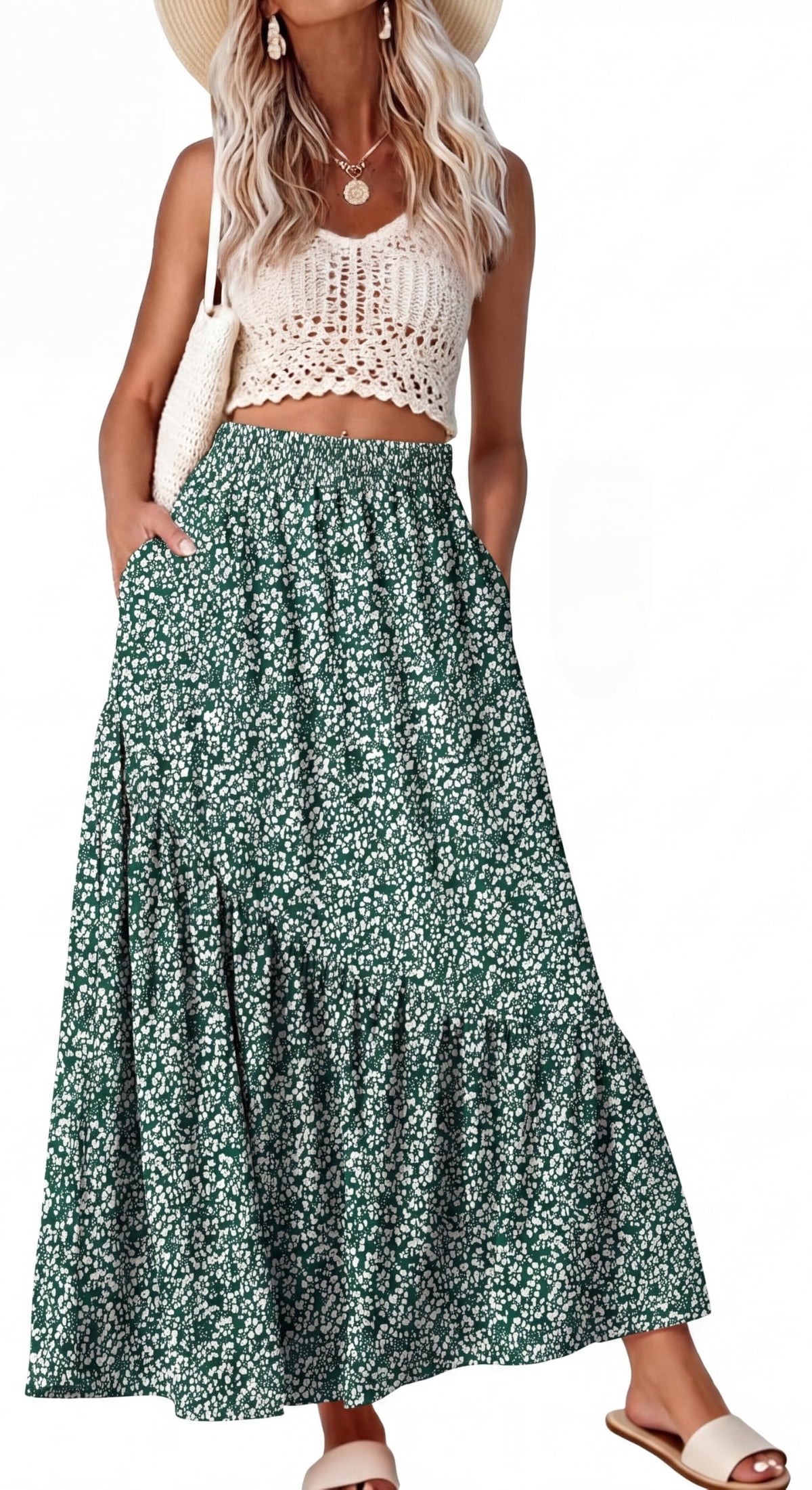 GRECERELLE Women's Maxi Skirt High Waist Tiered A-Line with Pockets