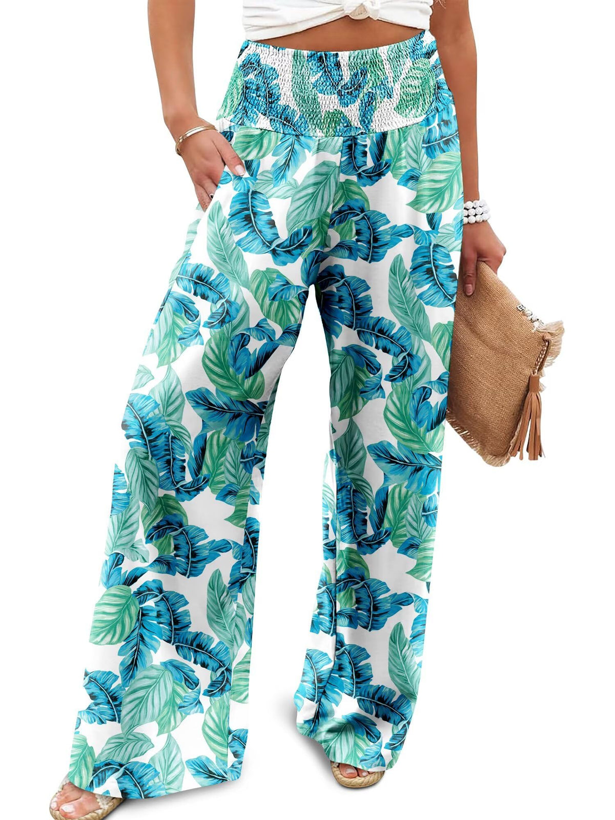 JZC Womens Wide Leg Pants Elastic High Waisted Palazzo Pants Summer Flowy Casual Trousers Beach Travel Vacation Outfits