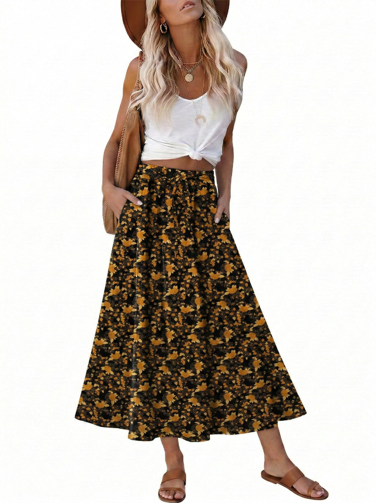 Magritta Women's Print Midi Skirt with Pocket Elastic High Waist 2026 Trendy A-Line Bohe Leopardr Swing Skirts for Women