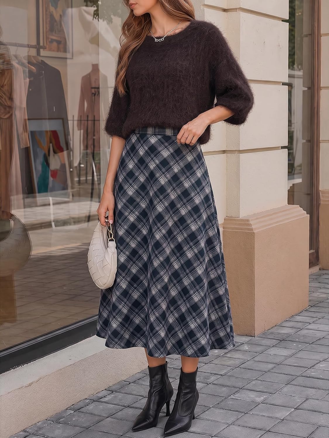 Tankaneo Womens Plaid Long Skirts Elastic Waist A-line Maxi Skirt 2026