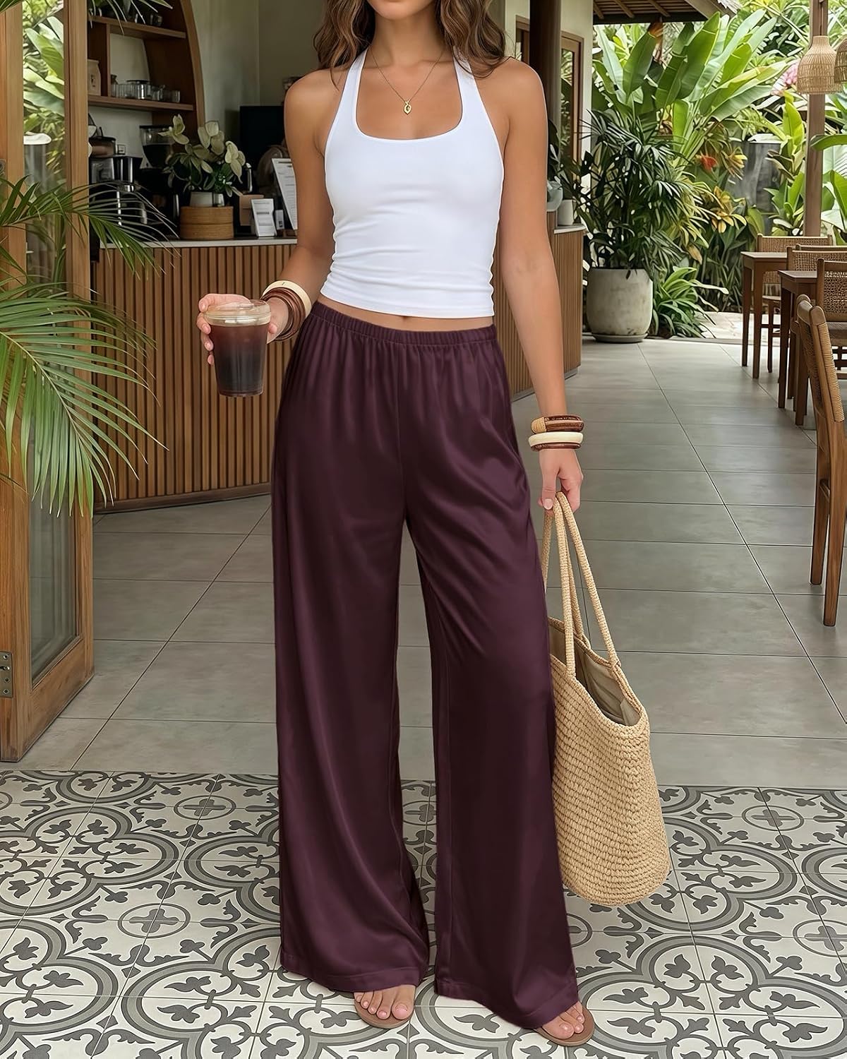 Satin Wide Leg Dress Pants Silk Flowy Long Trousers for Women