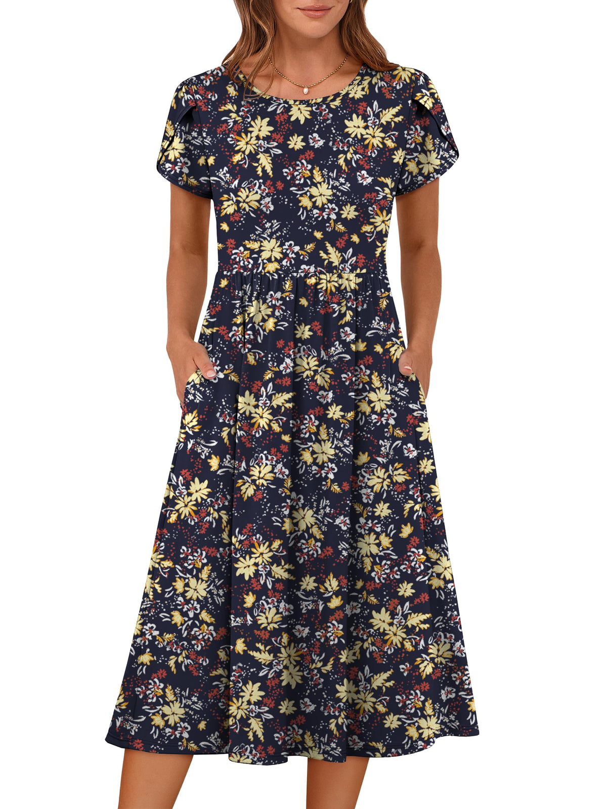 ANRABESS Women's Summer Petal Short Sleeve Midi Dress with Pockets