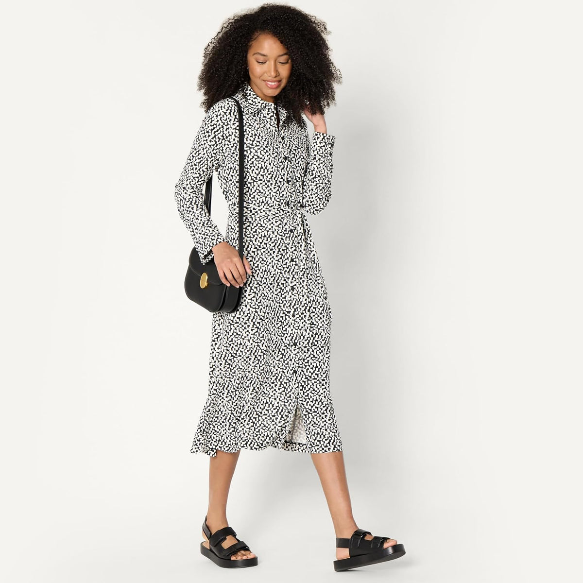 Amazon Essentials Women's Regular-Fit Matte Jersey Midi Length Dress with Classic Collar, Button Front, Removable Belt