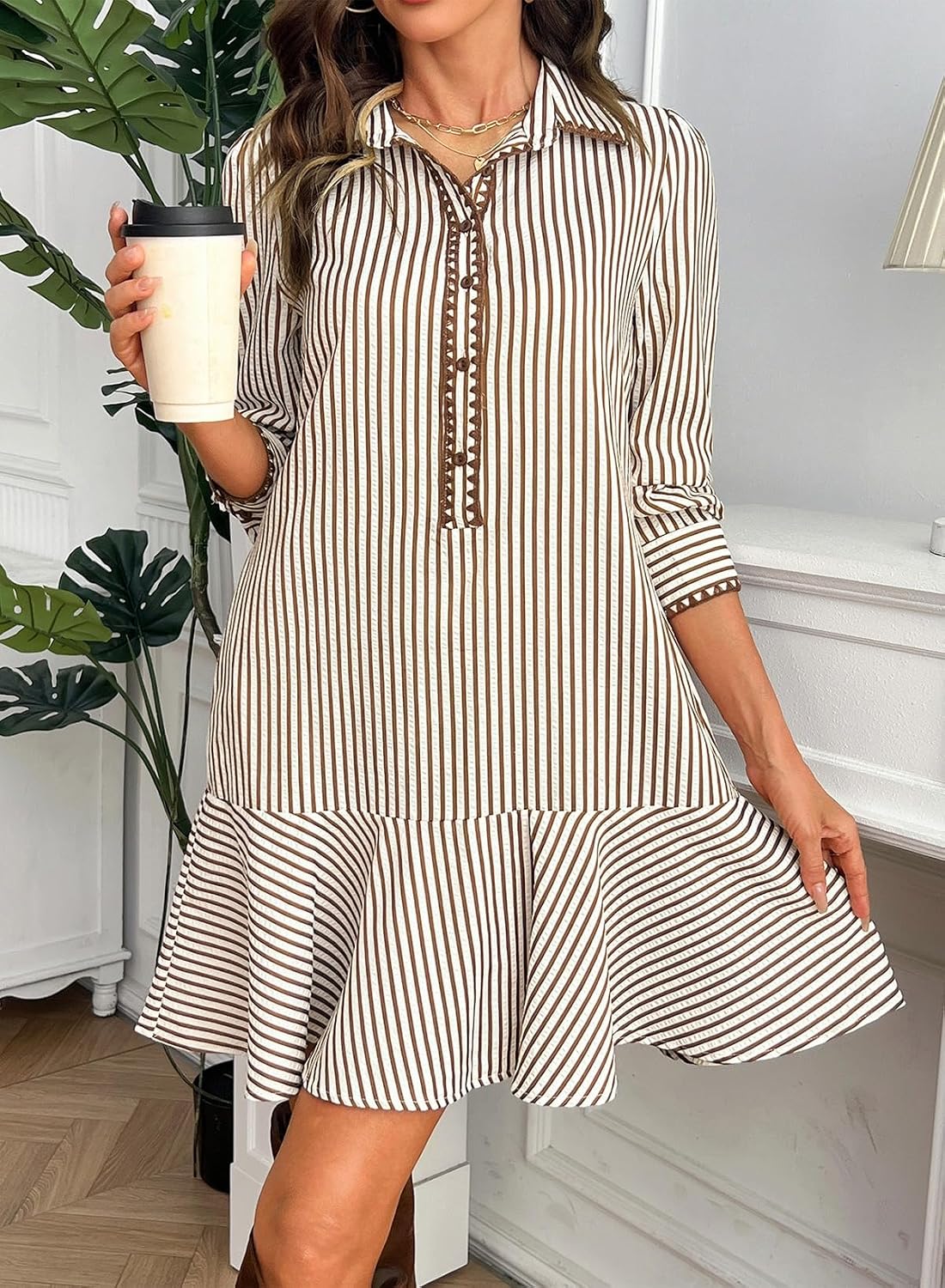 Dokotoo Womens Dresses Striped Button Embroidered Ruffle Hem Mini Dress