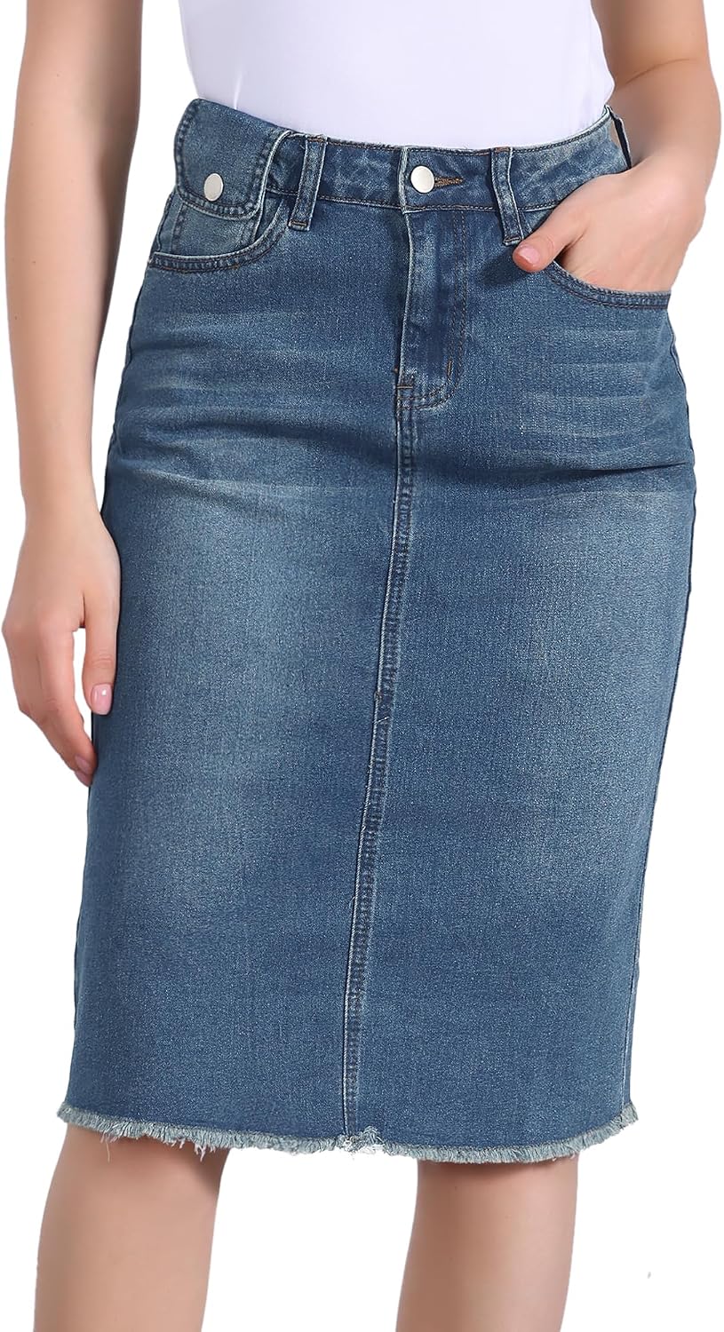 Allegra K Women's Casual Jean Skirt Raw Hem Stretch High Waist Denim Skirts