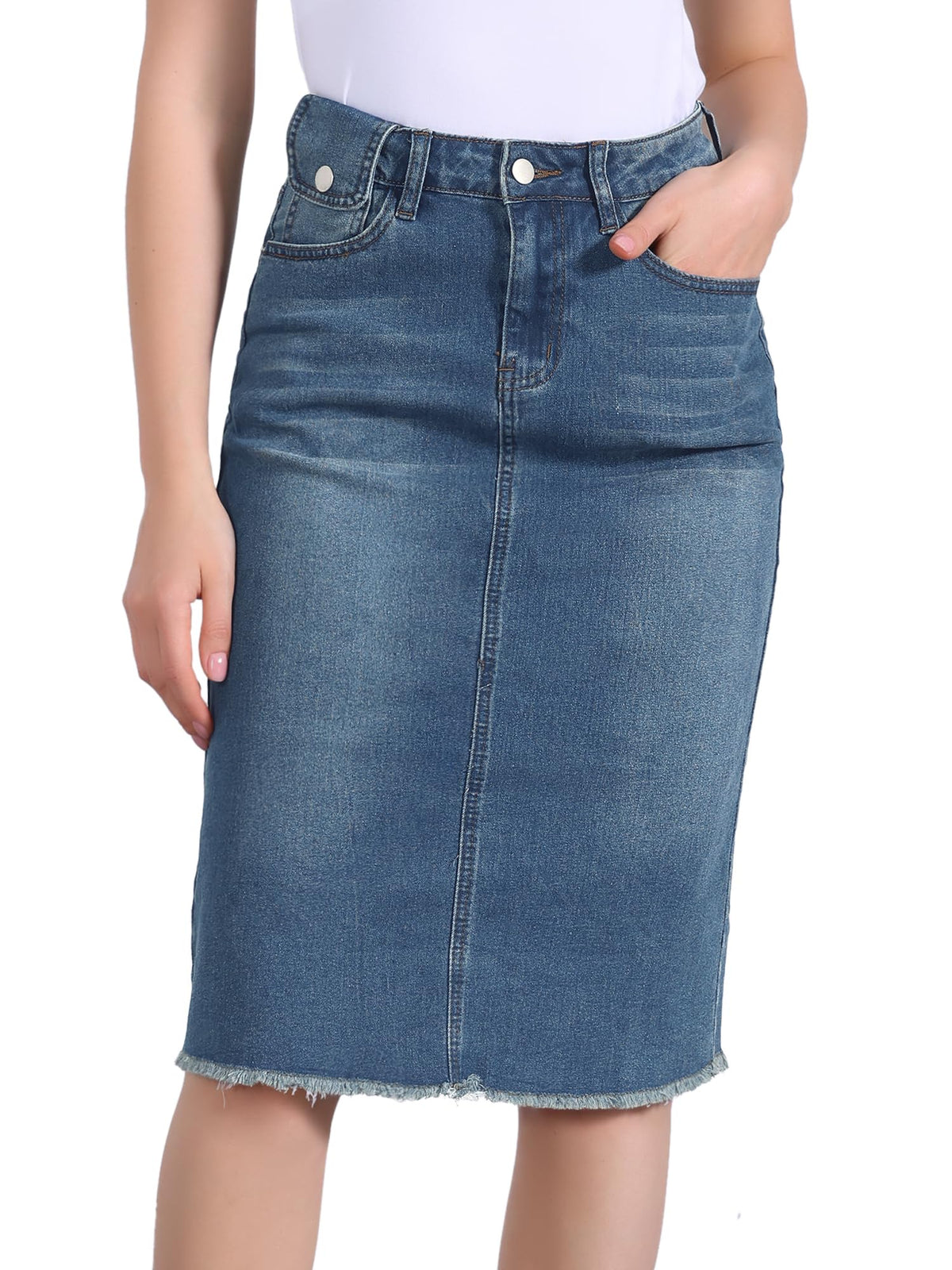 Allegra K Women's Casual Jean Skirt Raw Hem Stretch High Waist Denim Skirts