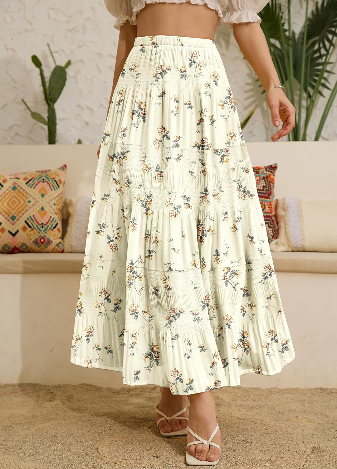 Women's Chiffon White Flowy Maxi Skirts Boho Summer Elastic Waisted Pleated A Line Long Skirt for Women 2026