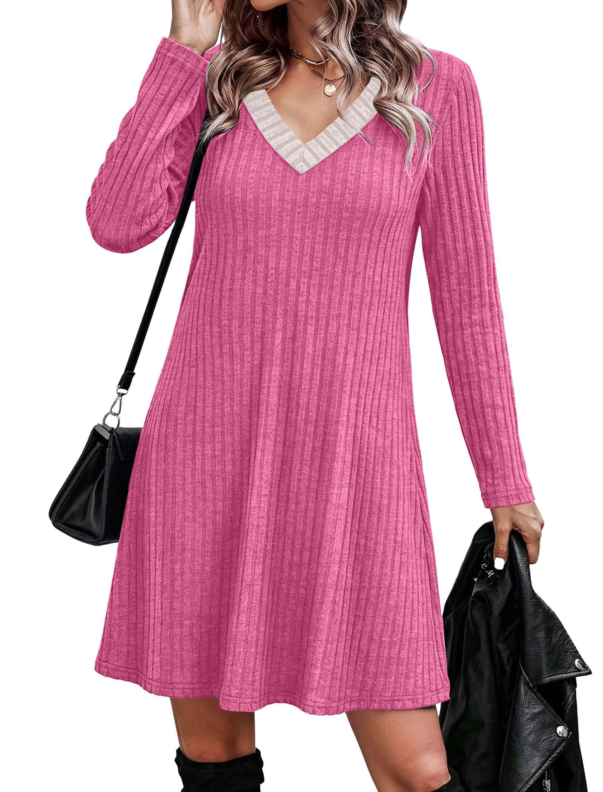 OFEEFAN Fall Dresses for Women Color Block V Neck Long Sleeve Sweater Dress