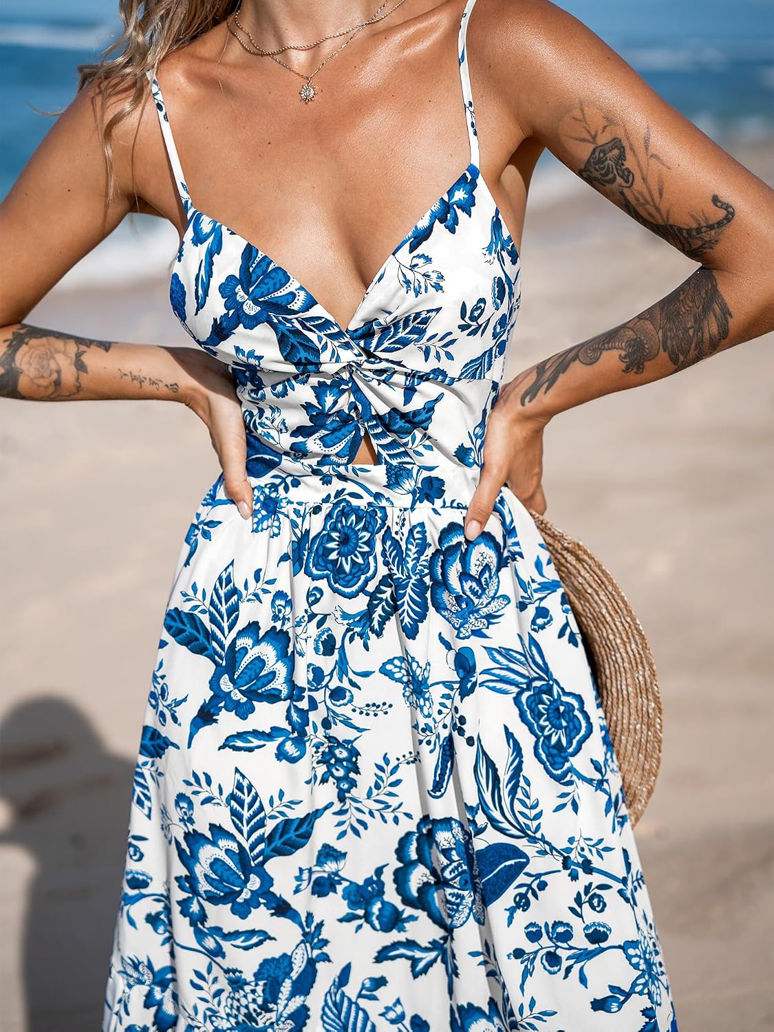 CUPSHE Women's Maxi Dress Floral Print Twisted V Neck Sleeveless Long Dress Summer Casual Dress