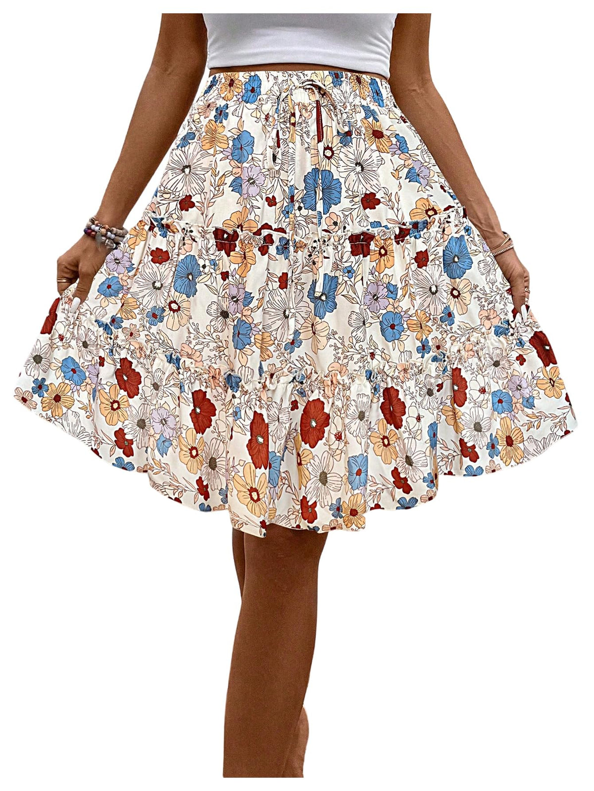 Verdusa Women's Boho Floral Tiered Ruffle Skirts Flowy Flared Summer Knee Length Midi Skirt