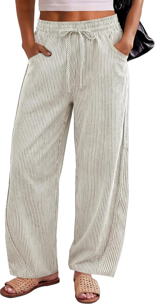 ANRABESS Womens Striped Barrel Casual Pants 2026 Trendy Summer Elastic Drawstring Baggy Lounge Wide Leg Trousers with Pockets