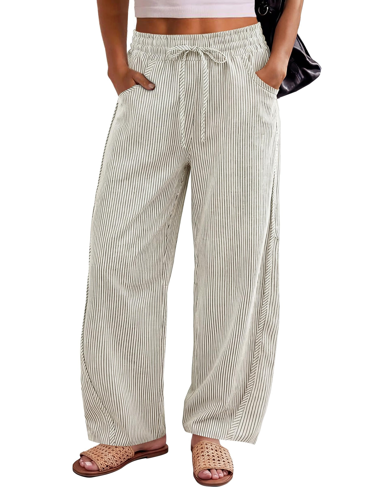 ANRABESS Womens Striped Barrel Casual Pants 2026 Trendy Summer Elastic Drawstring Baggy Lounge Wide Leg Trousers with Pockets