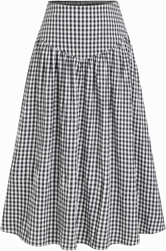 CIDER Gingham Midi Skirts for Women A Line High Waist Long Plaid Maxi Skirt