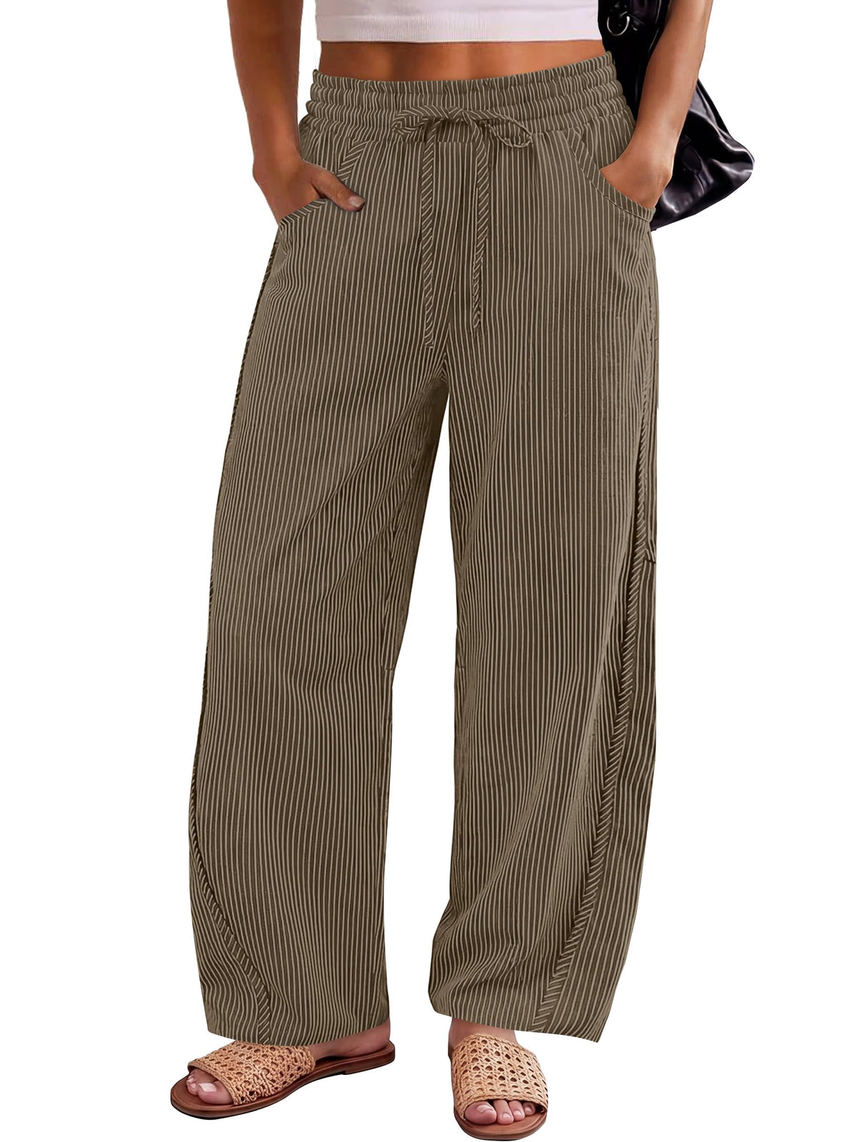 ANRABESS Womens Striped Barrel Casual Pants 2026 Trendy Summer Elastic Drawstring Baggy Lounge Wide Leg Trousers with Pockets