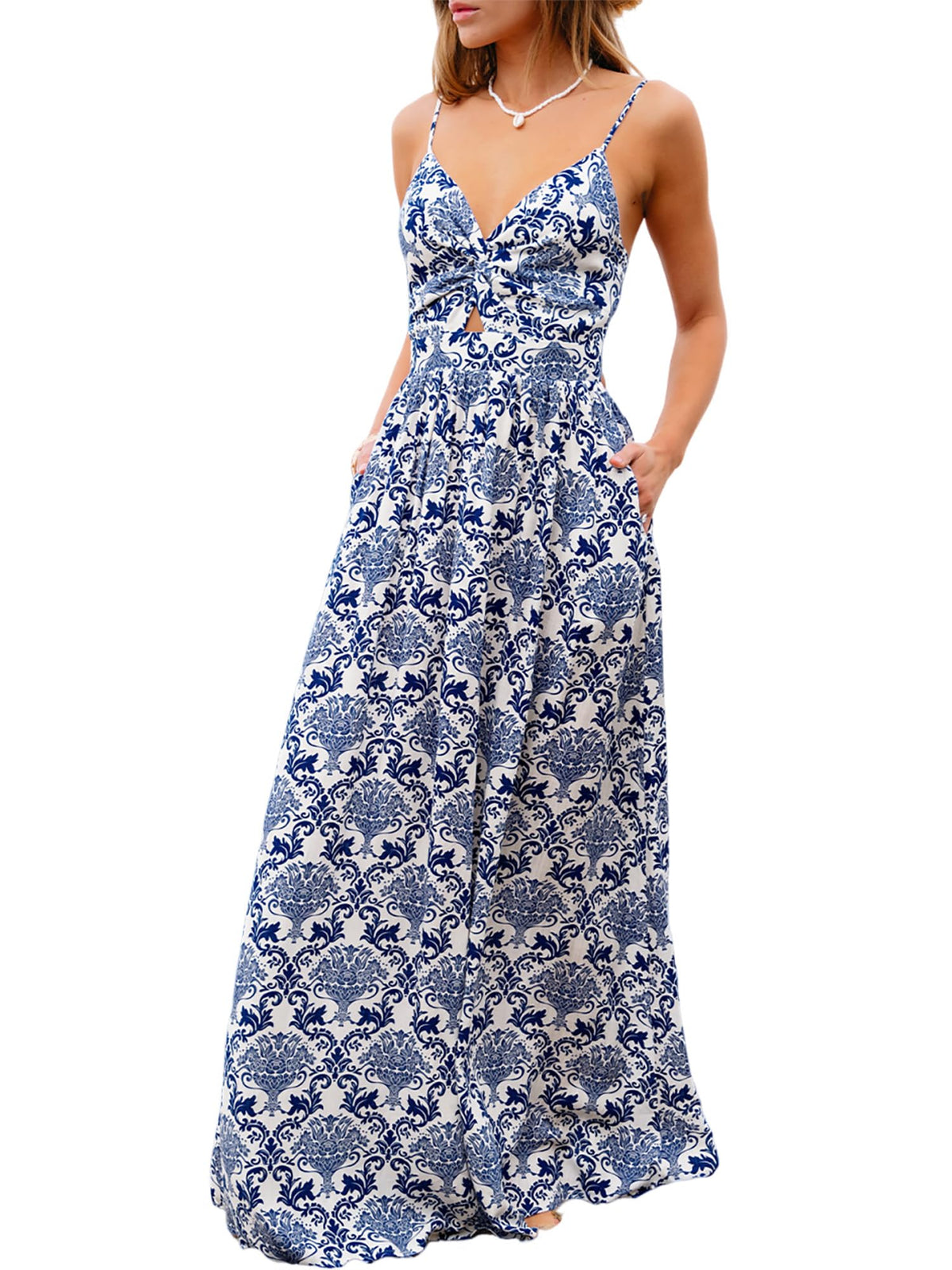 CUPSHE Women's Maxi Dress Floral Print Twisted V Neck Sleeveless Long Dress Summer Casual Dress
