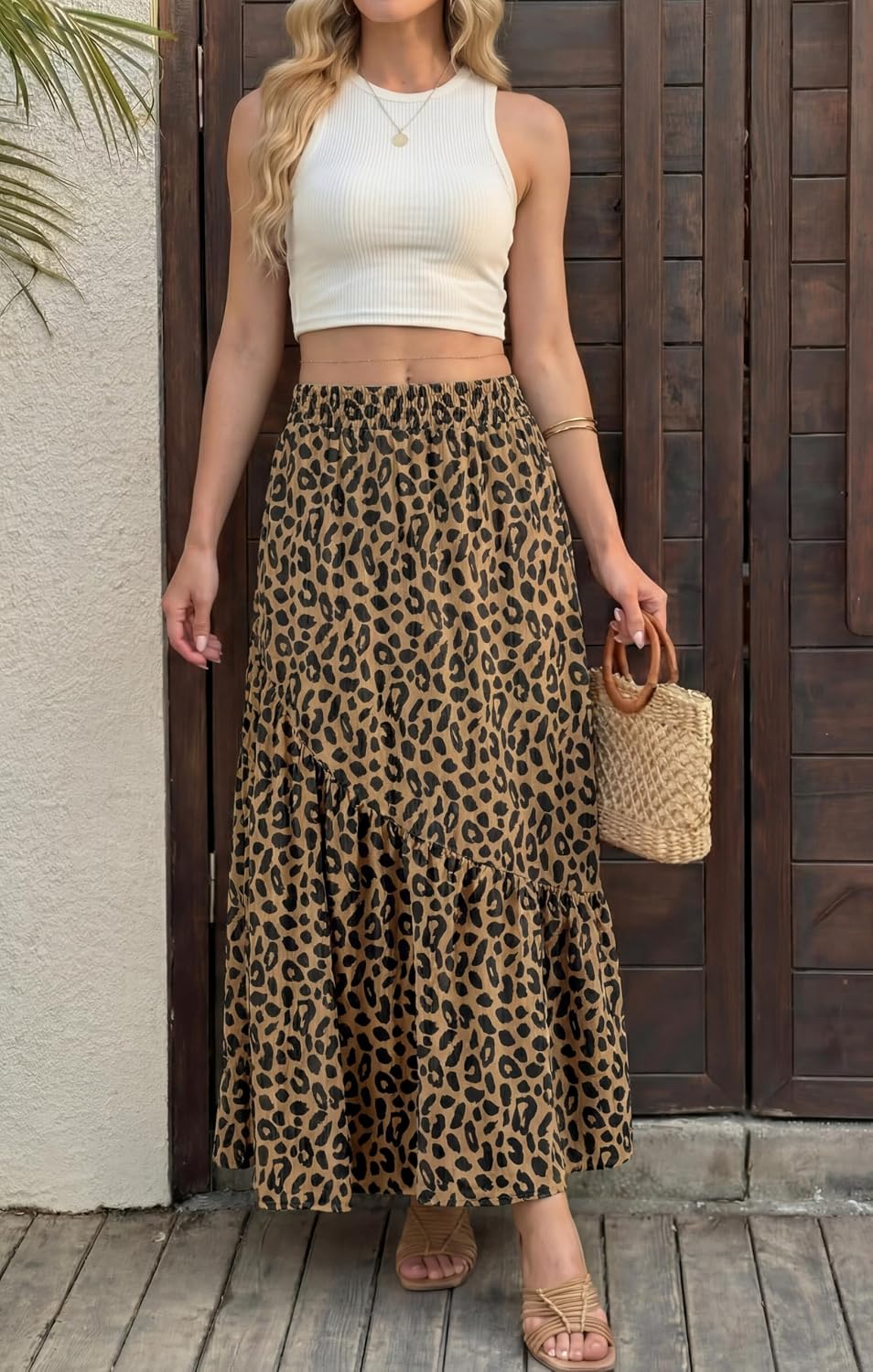 GRECERELLE Women's Maxi Skirt High Waist Tiered A-Line with Pockets
