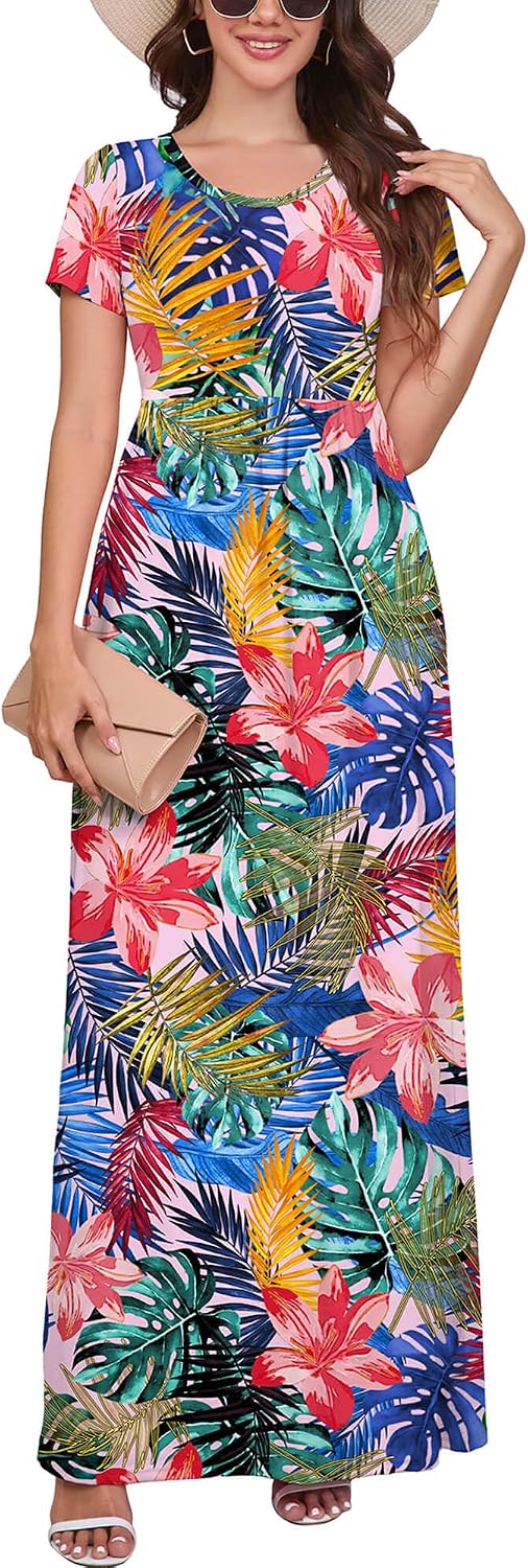 DEARCASE Maxi Dress for Women Short Sleeve Casual Summer Loose Plain Comfy Long Dresses with Pockets