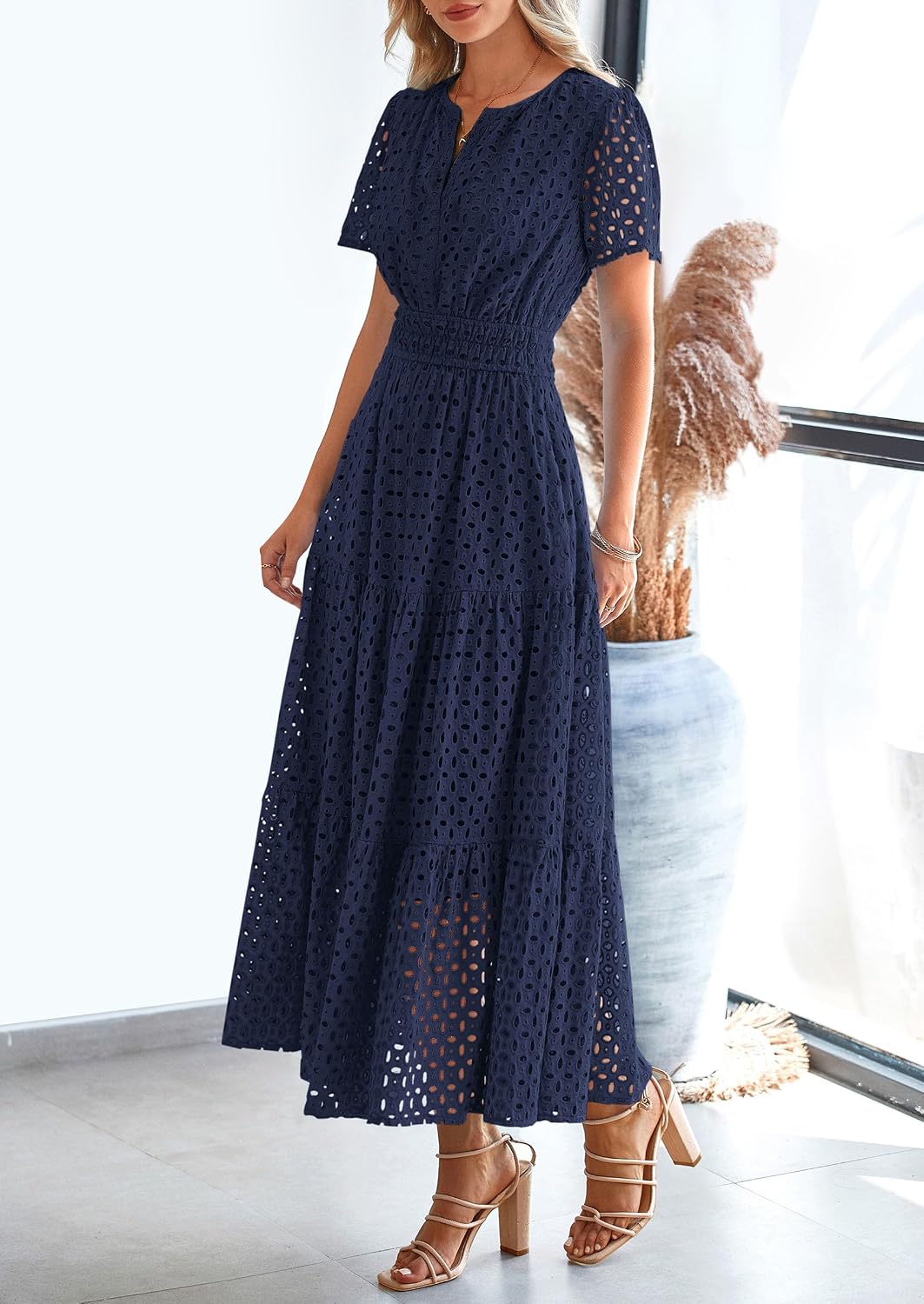 PRETTYGARDEN Women's Summer Hollow Out Eyelet Maxi Dress