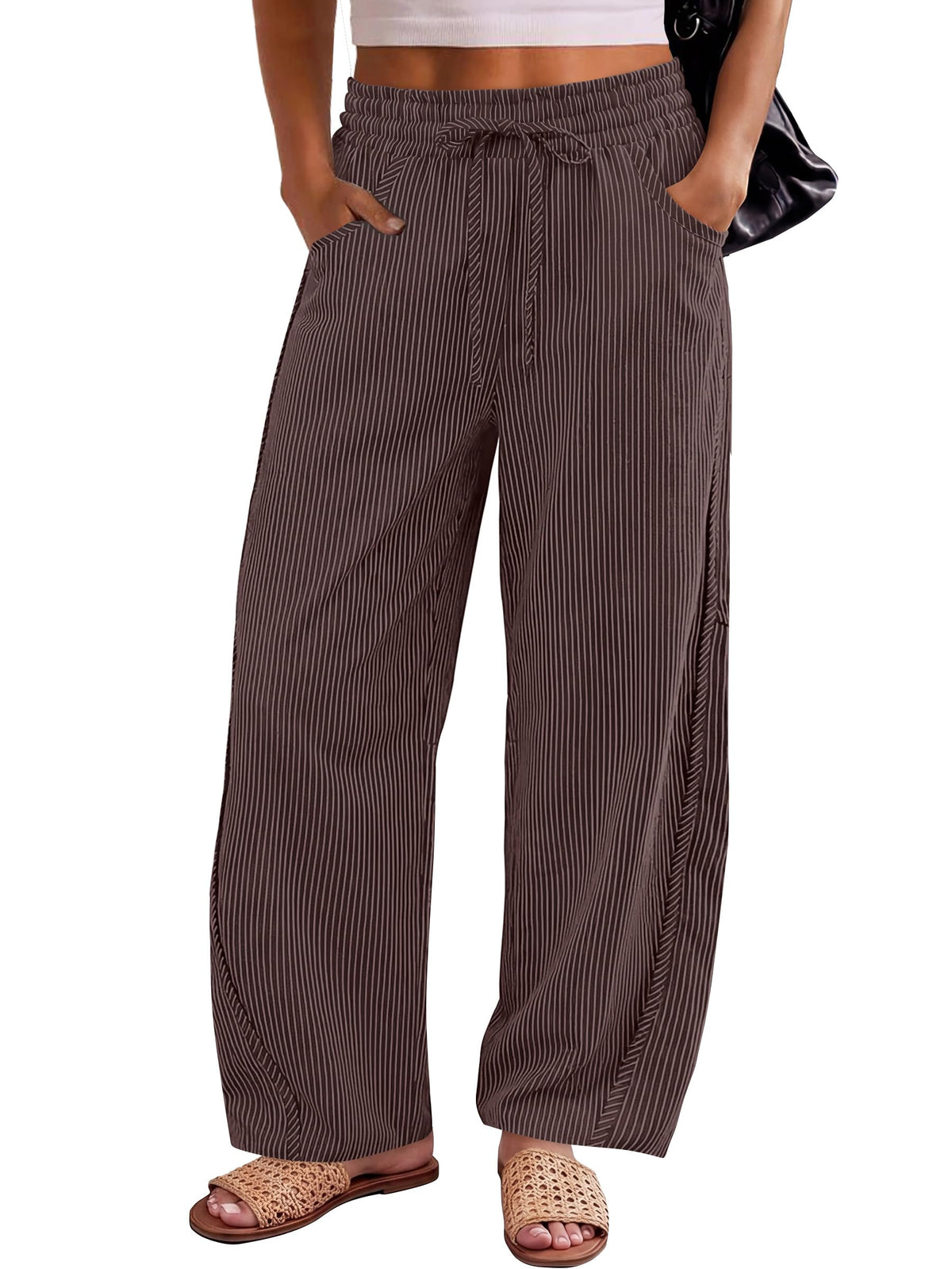 ANRABESS Womens Striped Barrel Casual Pants 2026 Trendy Summer Elastic Drawstring Baggy Lounge Wide Leg Trousers with Pockets