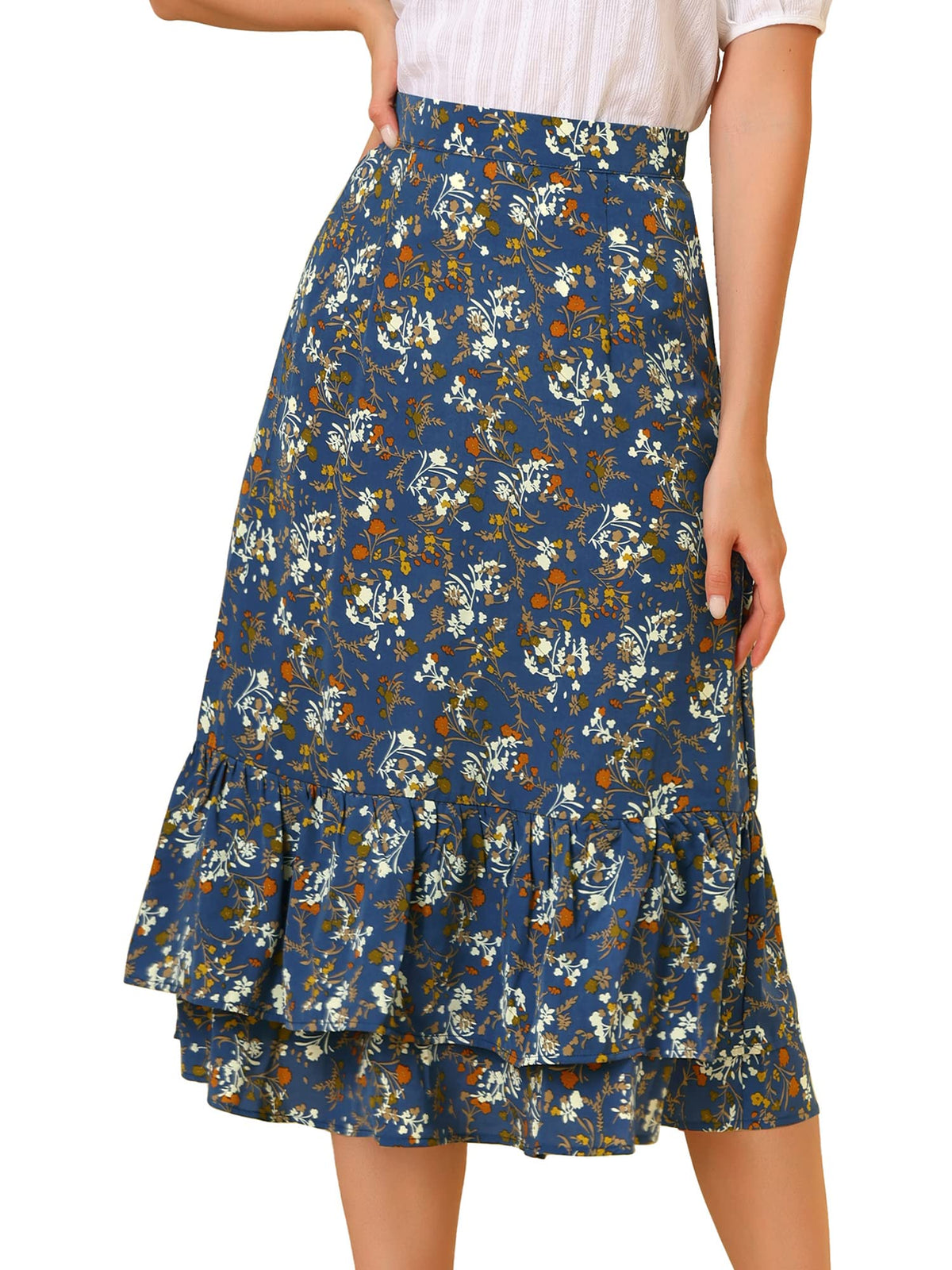 Allegra K Women's Printed Skirt Chiffon Ruffle Tiered Flowy Midi Skirts