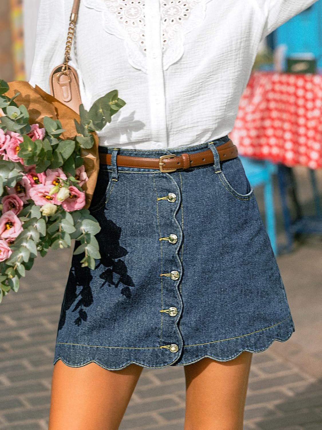 CUPSHE Women’s Denim Mini Skirt Button Front A-Line Scalloped Jeans
