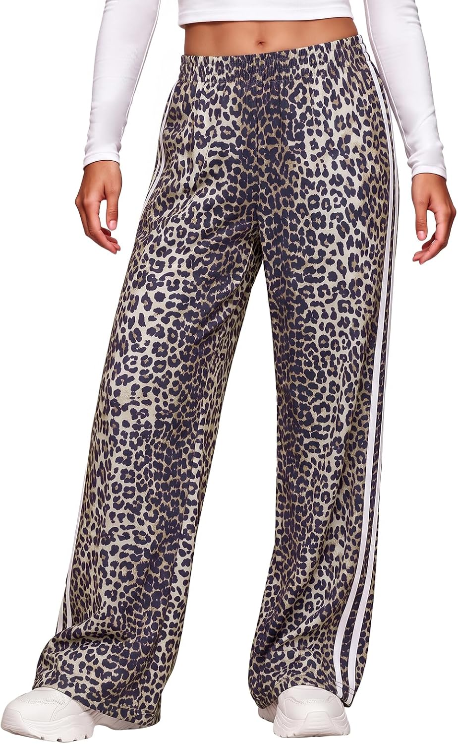 Aoysky Womens Wide Leg Leopard Pants Elastic Waist Side Striped Trousers