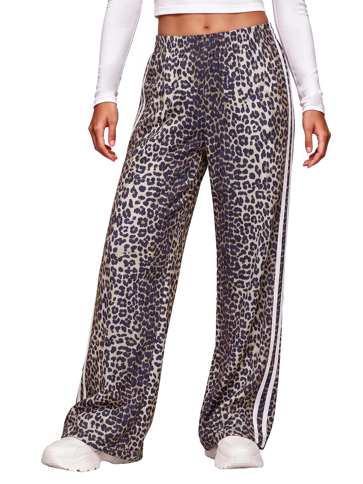 Aoysky Womens Wide Leg Leopard Pants Elastic Waist Side Striped Trousers