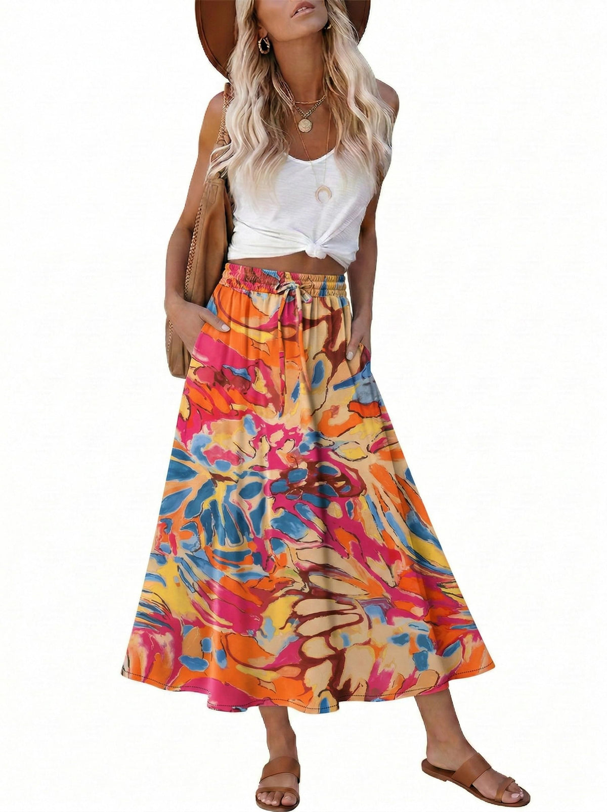 Magritta Women's Print Midi Skirt with Pocket Elastic High Waist 2026 Trendy A-Line Bohe Leopardr Swing Skirts for Women