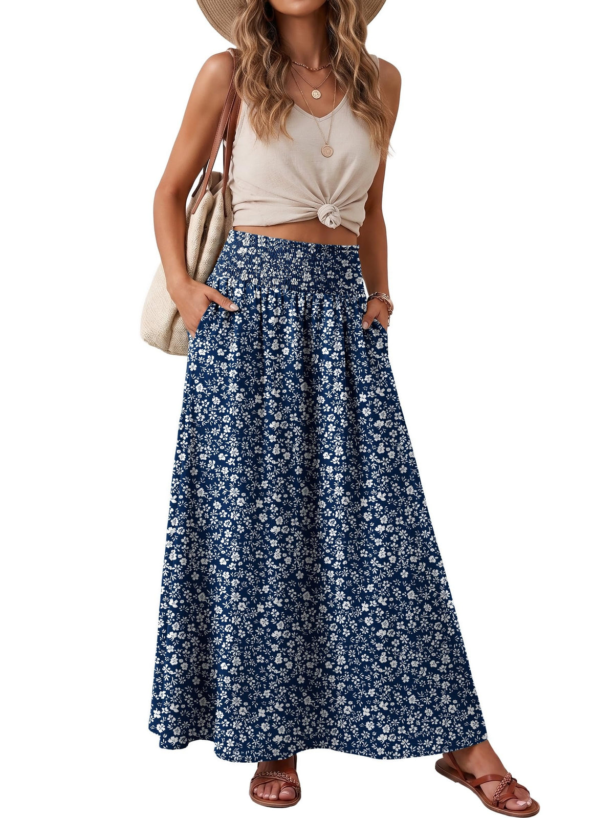 Lepunuo Maxi Skirts for Women Smocked Elastic High Waisted Casual Boho Swing Pleated Beach Long Skirts with Pockets