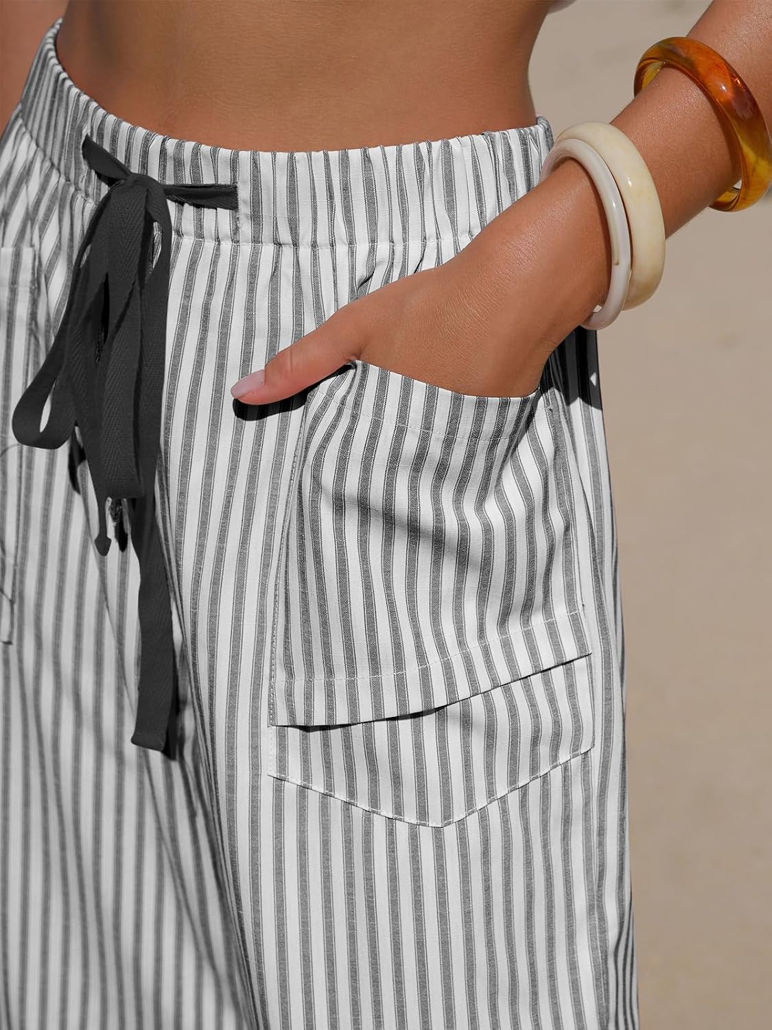 EXLURA Womens Faux Linen Striped Barrel Capri Pants Drawstring Trousers