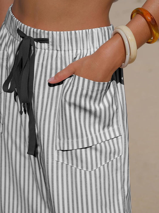 EXLURA Womens Faux Linen Striped Barrel Capri Pants Drawstring Trousers