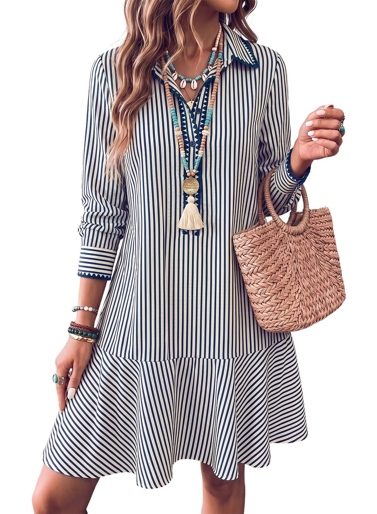 Dokotoo Womens Dresses Striped Button Embroidered Ruffle Hem Mini Dress