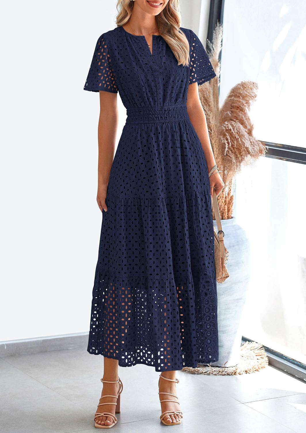 PRETTYGARDEN Women's Summer Hollow Out Eyelet Maxi Dress