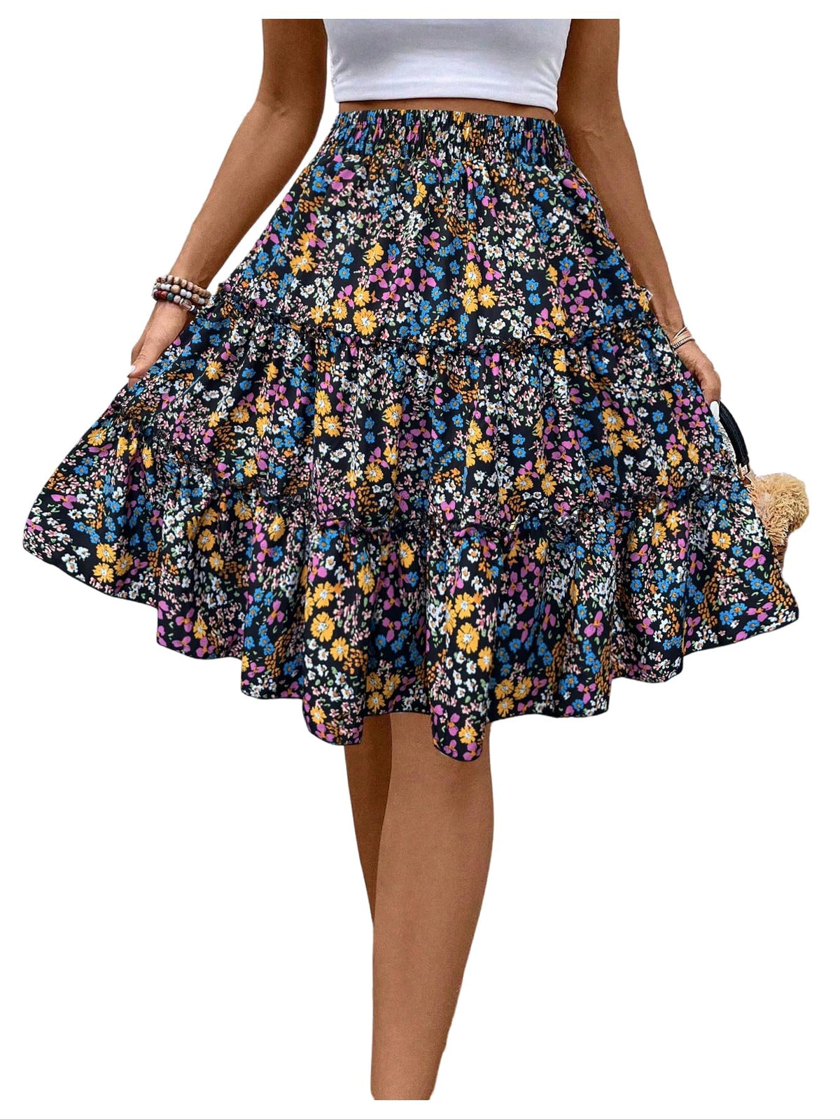 WDIRARA Women's Floral Boho Ruffle Knee Length Summer Skirt