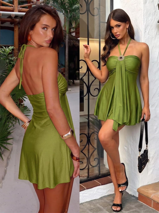 Women's Satin Halter Mini Dress Backless Flowy Vacation Going Out Dress