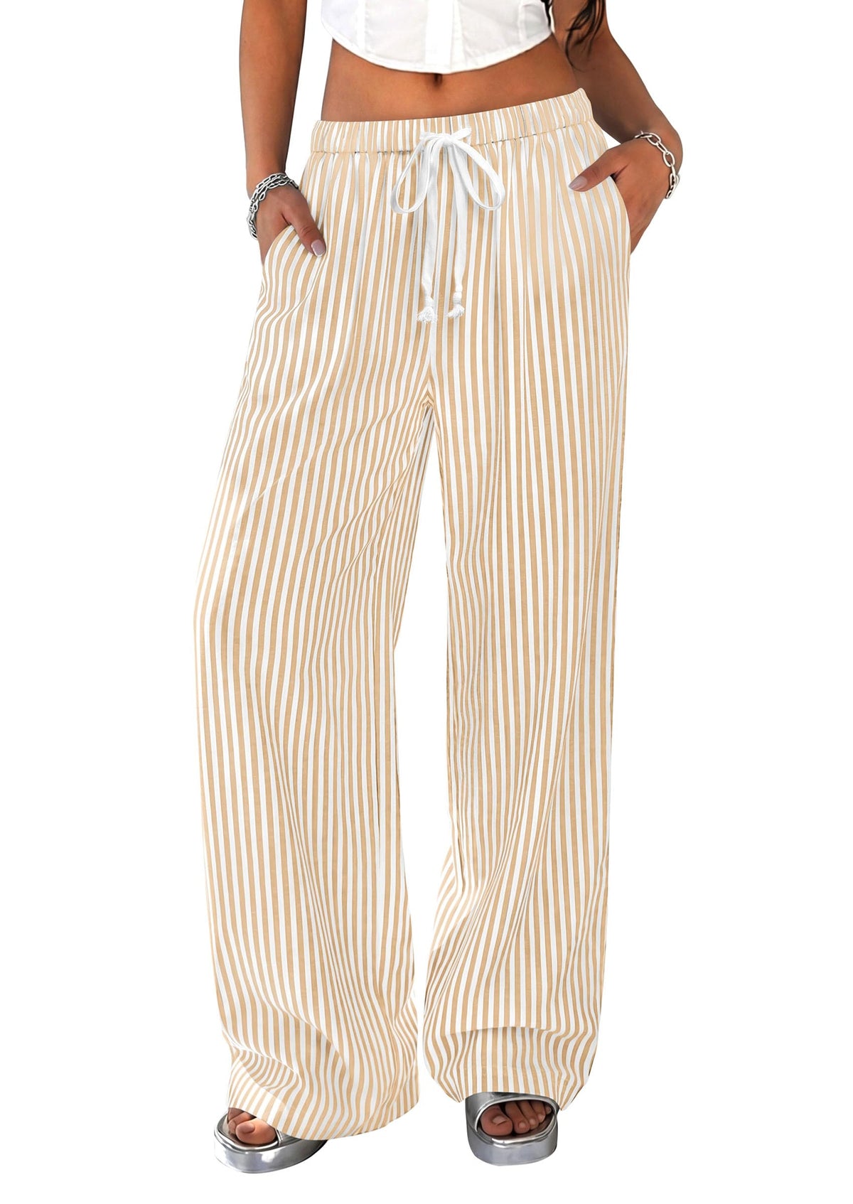 PRETTYGARDEN Striped Wide Leg Pants Women Loungewear with Pocket